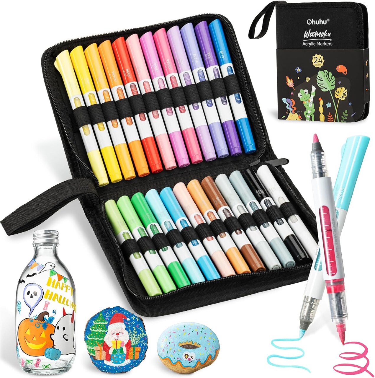 Ohuhu Acrylic Paint Markers Dual Tips: 24 Colors Brush & Bullet Automatic Ink Control Acrylic Markers High Opacity Paint Pens Waterproof for Rock Painting 3D Prints Egg Wood DIY Craft - Waimoku